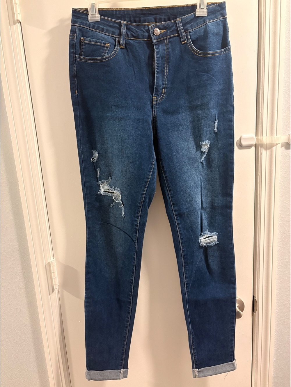 High waisted, dark wash skinny jeans